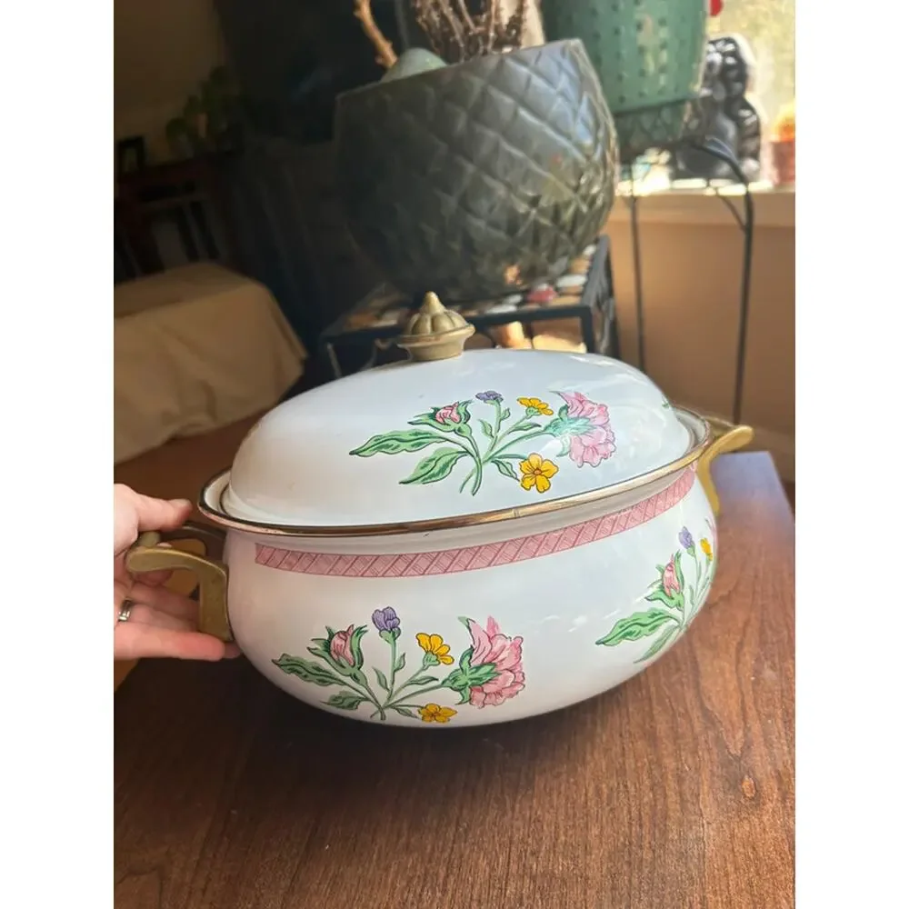 Tabletops Unlimited Dar Collection Enamel On Steel Floral Vintage PotWith Lid